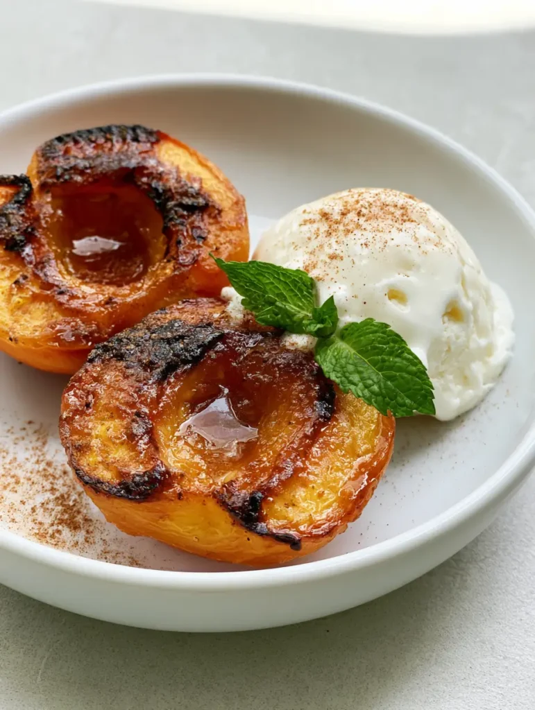 Close up of a melting scoop of vanilla ice cream on top of warm caramelized peaches.
