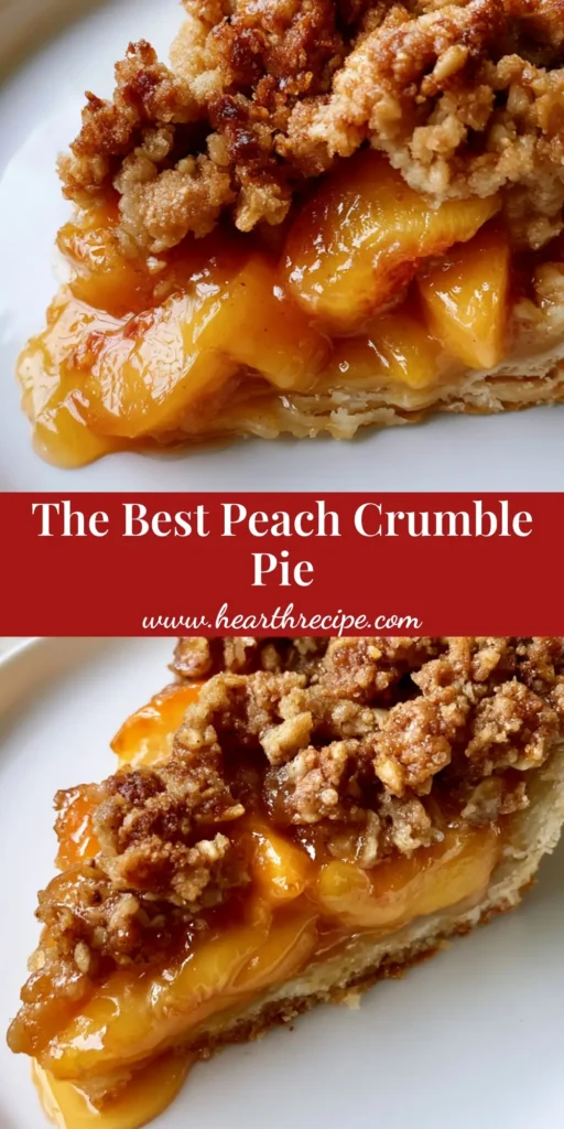 A single slice of Peach Crumble Pie with a thick golden-brown flaky crust and glistening amber fruit filling on a white plate. (Peach Crumble Pie)