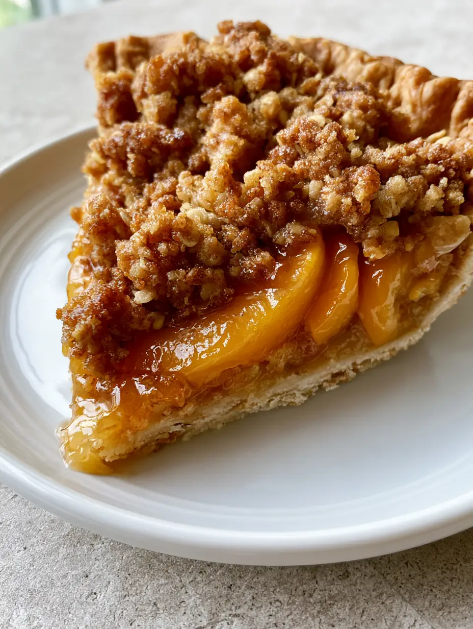 Close up of a slice of Peach Crumble Pie showing the tender orange peach slices and thick amber fruit glaze. (Peach Crumble Pie)
