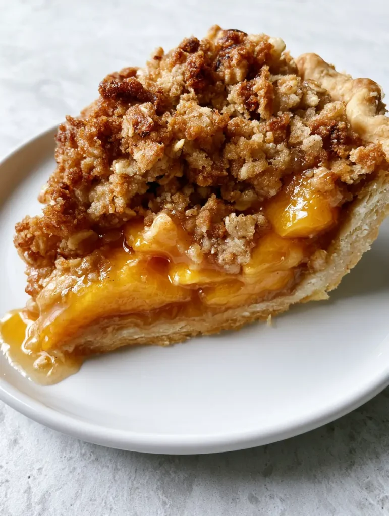 Top-down view of a toasted brown sugar and oat crumble topping on a Peach Crumble Pie.