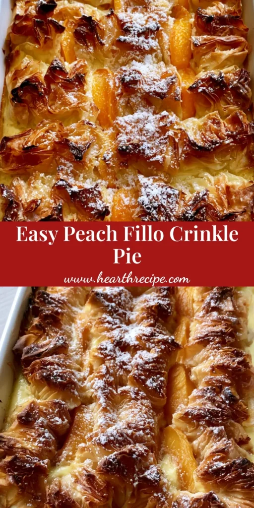 A handheld smartphone photo of a Peach Fillo Crinkle Pie in a rectangular white ceramic dish, featuring scrunched golden-brown phyllo and bright orange peach slices.