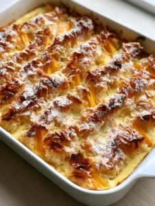 Close up of deep golden brown phyllo ruffles with visible charred edges and peach slices tucked inside. (Peach Fillo Crinkle Pie)