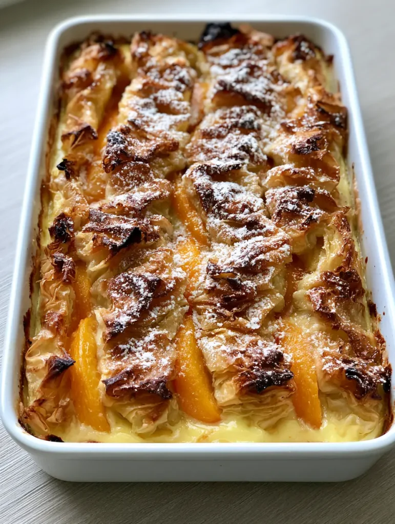 Rectangular white ceramic baking dish filled with Peach Fillo Crinkle Pie on a light wood surface.