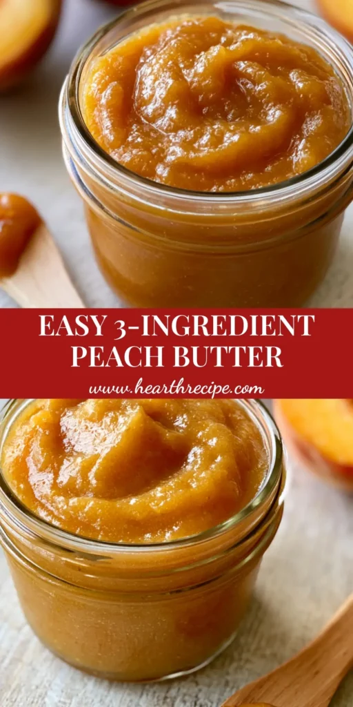 A rustic arrangement of a glass jar filled with golden-amber peach butter next to fresh peach halves. (Peach Butter Recipe)