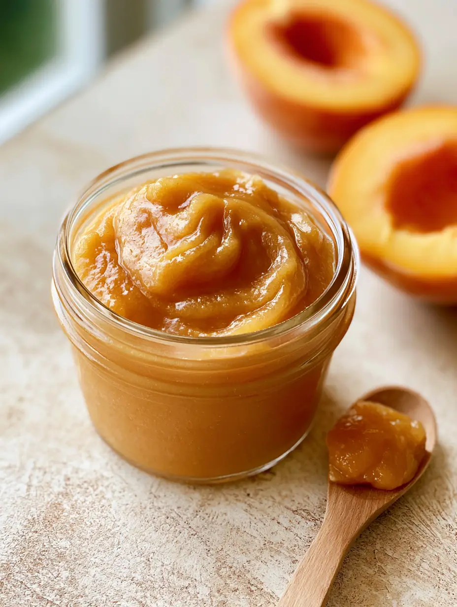 Close-up of thick, smooth, golden-amber peach butter in a clear glass jar on a light wooden surface. (Peach Butter Recipe)
