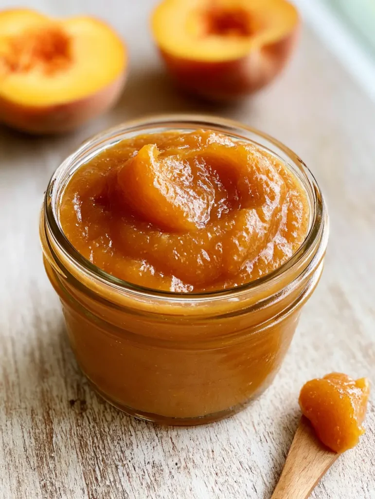 A wooden spreader with a dollop of glossy peach butter sitting next to a glass canning jar. (Peach Butter Recipe)