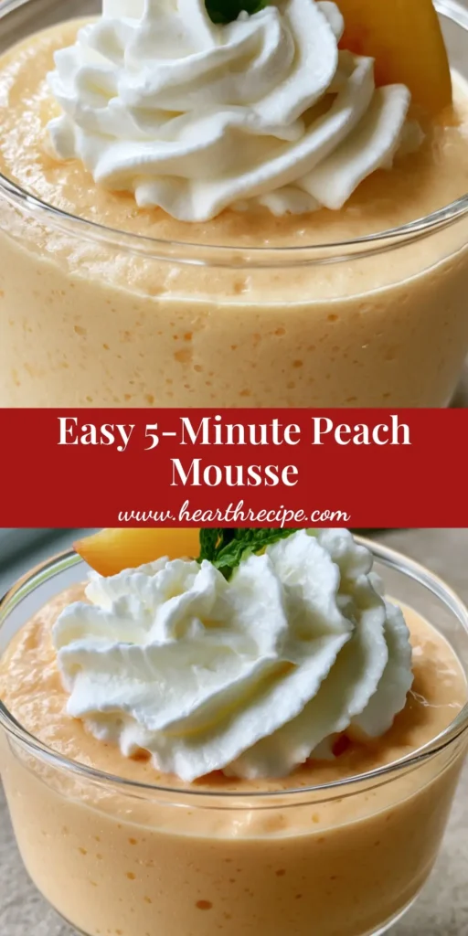 A close-up shot of a light peach-colored mousse in a clear glass, topped with a stiff dollop of whipped cream, a peach slice, and a mint leaf. (Peach Mousse Recipe)