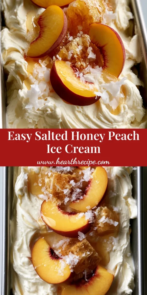 Vertical shot of No Churn Peach Ice Cream in a stainless steel loaf pan topped with fresh peach slices, honeycomb chunks, and honey drizzle.