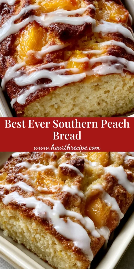A close-up of a Southern Peach Bread loaf with a craggy golden-brown crust and thick white icing in a stoneware dish.
