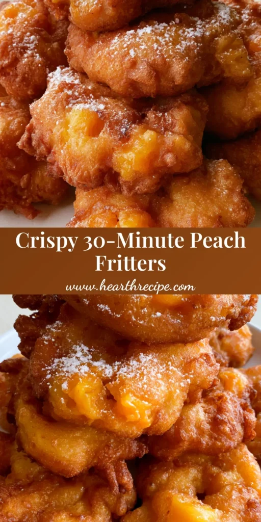 A stack of golden-brown Canned Peach Fritters on a white plate, showing a craggy texture and visible orange peach chunks with a powdered sugar dusting.