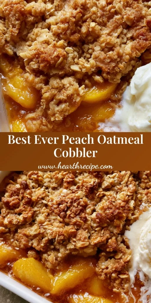 Peach Cobbler with Oatmeal Topping: The Ultimate Golden-Brown Summer Dessert 4 A top-down shot of a golden-brown Peach Cobbler with Oatmeal Topping in a white ceramic dish, served with melting vanilla ice cream on a grey stone countertop.
