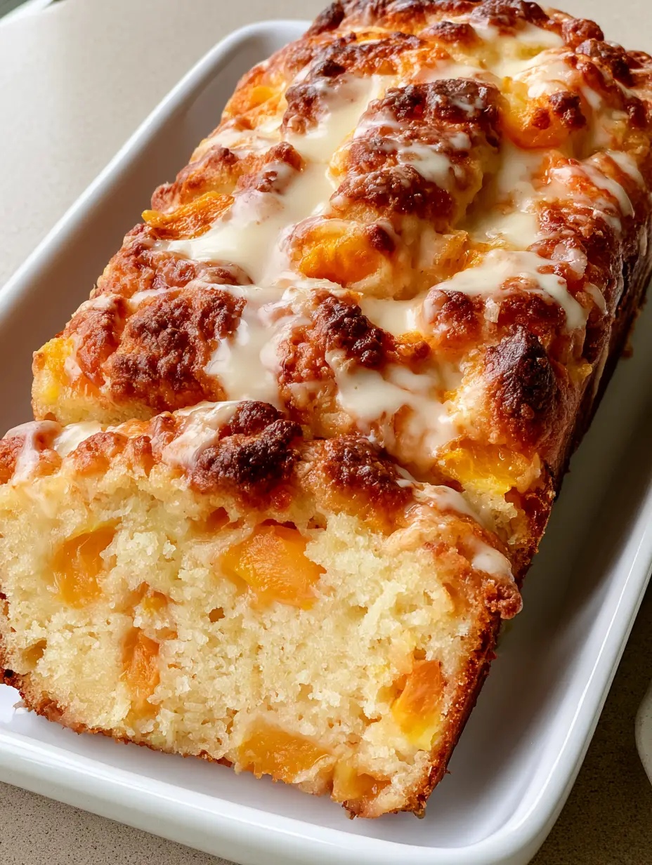 Top view of Peach Bread showing the textured golden-brown crust and milky-white glaze pooling in crevices.