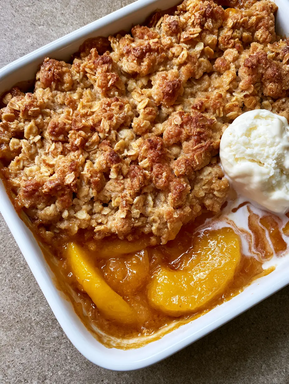 Peach Cobbler with Oatmeal Topping: The Ultimate Golden-Brown Summer Dessert 3 Angled shot showing the thick layers of softened yellow peaches in amber syrup and the textured oatmeal crumble of the Peach Cobbler with Oatmeal Topping.