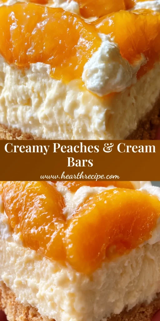 A handheld thick peaches and cream cheesecake bar with a golden graham cracker crust, ivory filling, and vibrant orange glazed peaches on top.