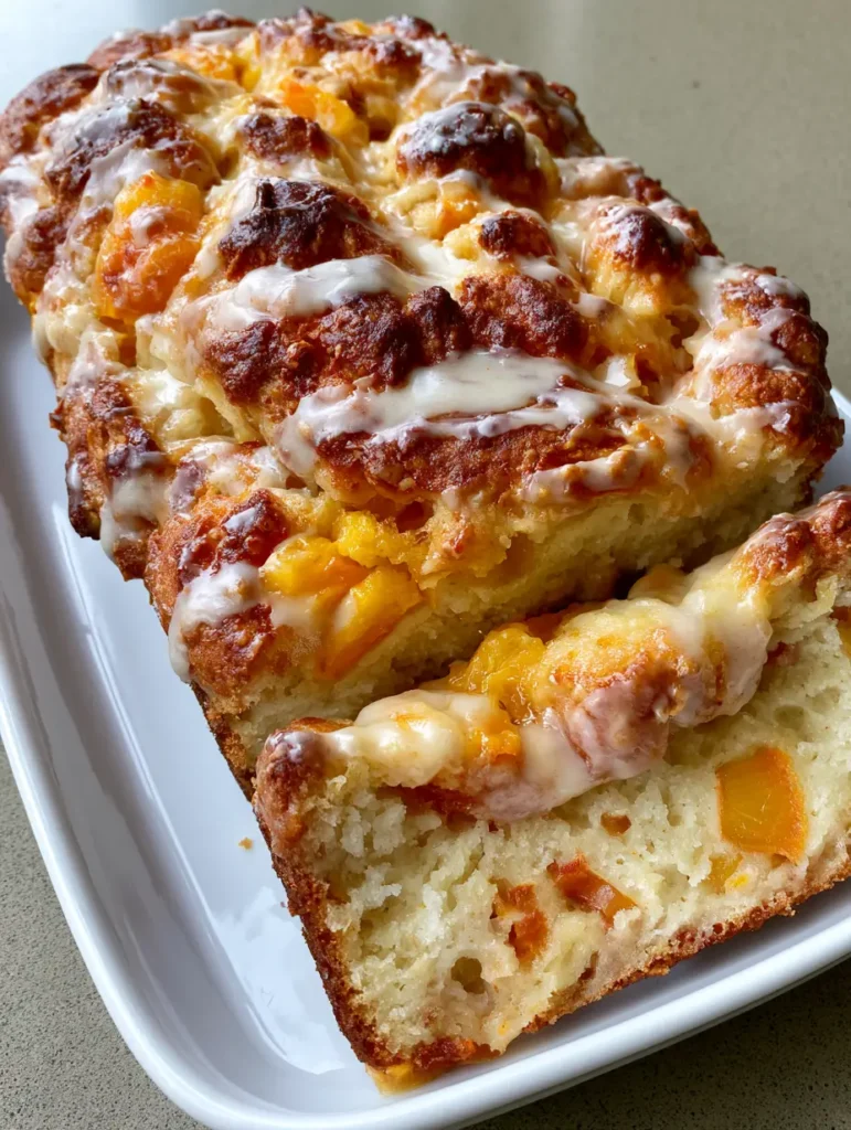 A sliced loaf of Peach Bread revealing a moist, pale yellow interior crumb and orange softened peach pieces.