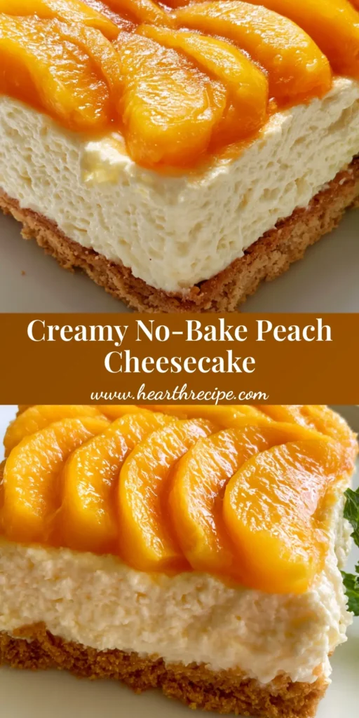 A handheld smartphone photo of a square slice of No-Bake Peach Cheesecake with overlapping peach slices and a mint sprig on a white plate.