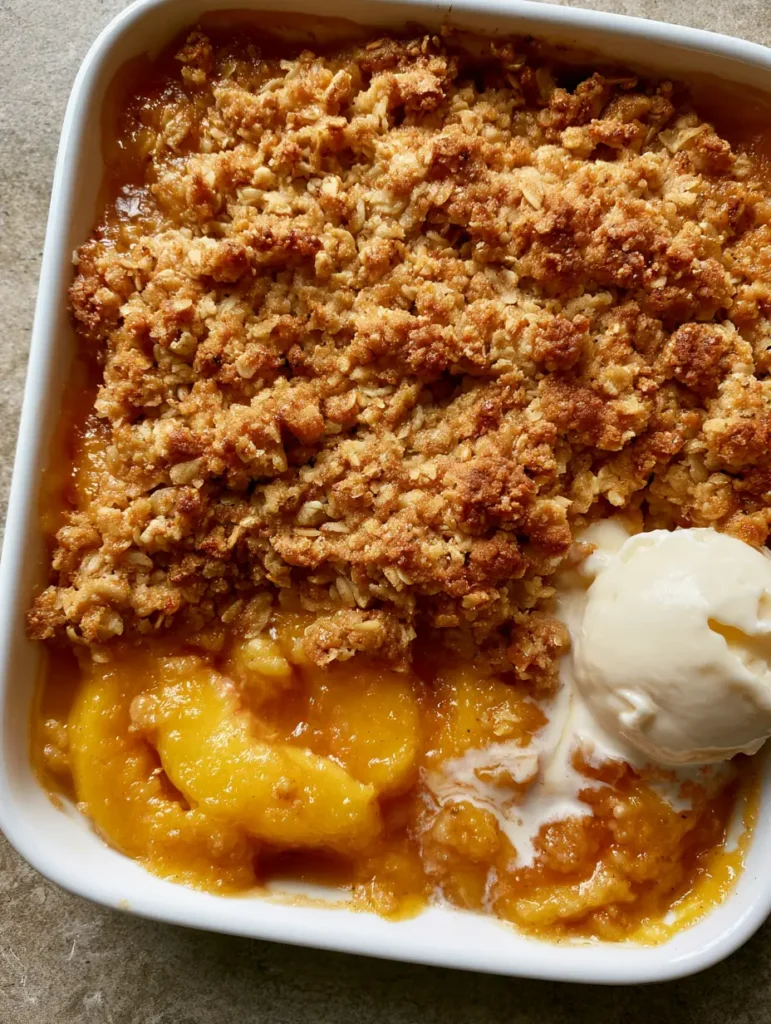 Peach Cobbler with Oatmeal Topping: The Ultimate Golden-Brown Summer Dessert 1 Close up of melting vanilla ice cream blending into the glossy amber peach syrup of a Peach Cobbler with Oatmeal Topping.