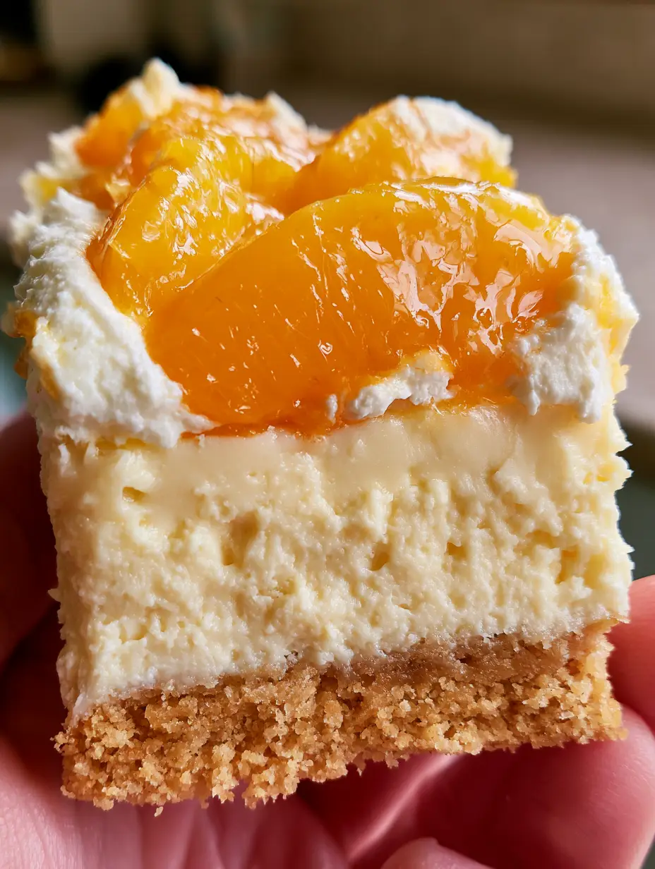 Close-up handheld photo of a Peaches and Cream Cheesecake Bar showing the dense buttery crust and smooth ivory filling.