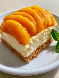 Close-up of a square slice of No-Bake Peach Cheesecake showing the thick graham cracker crust and dense white filling.