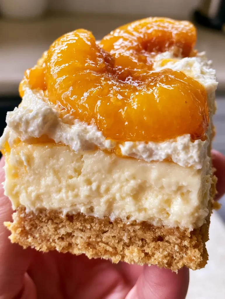 A close-up of vibrant orange glistening peach slices on a light white whipped cream topping for Peaches and Cream Cheesecake Bars.