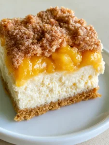 Detailed close-up of Peach Cobbler Cheesecake Bars showing the distinct layers of creamy cheesecake and pebbly cinnamon crumble.