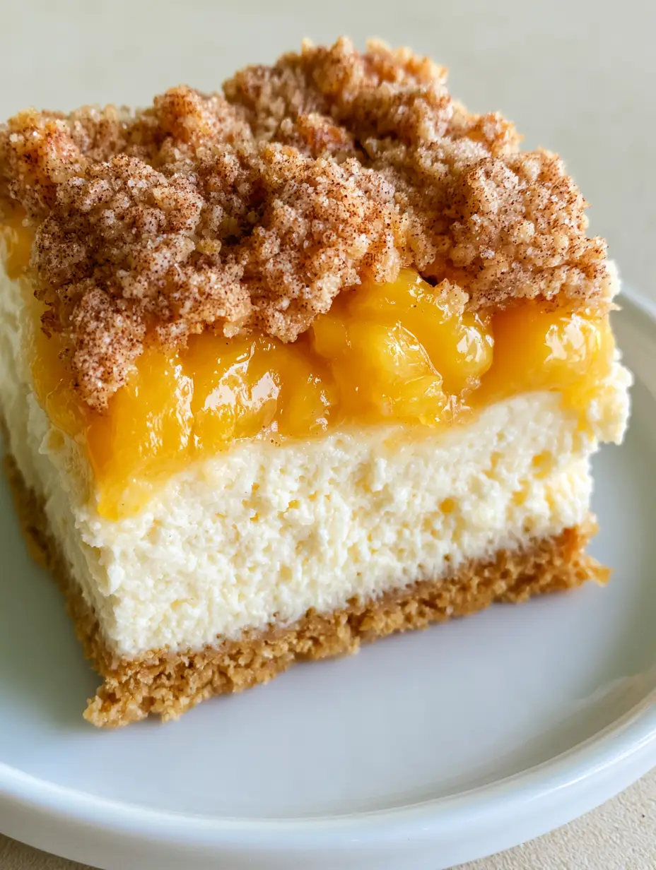 Detailed close-up of Peach Cobbler Cheesecake Bars showing the distinct layers of creamy cheesecake and pebbly cinnamon crumble.