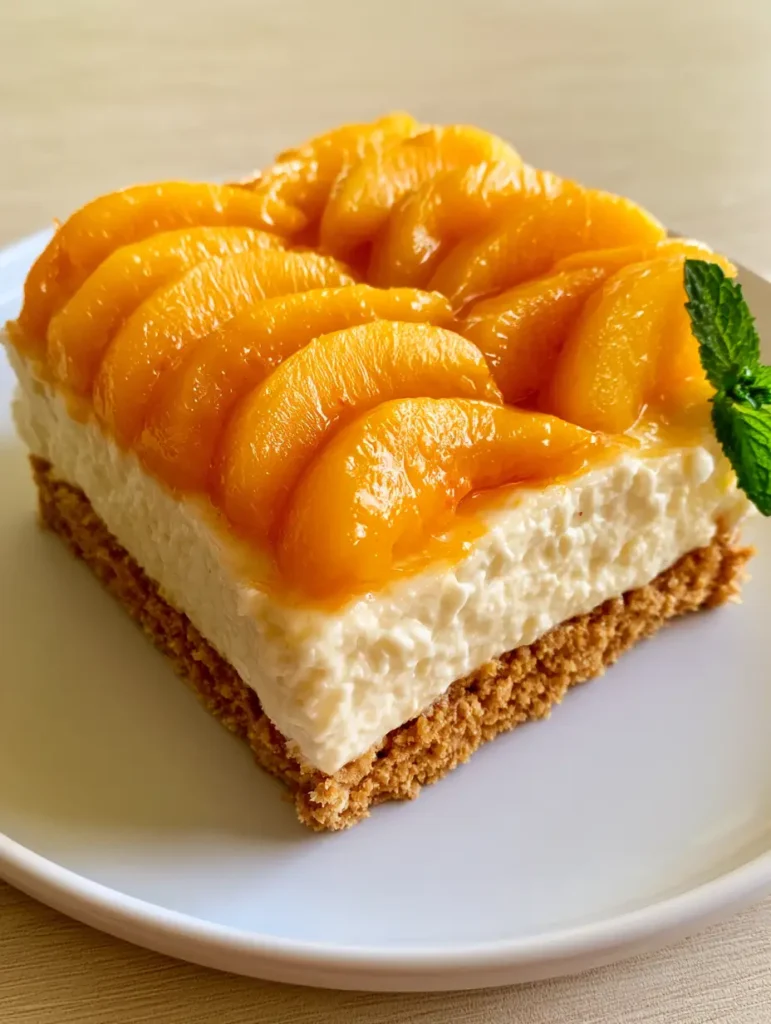 Overhead view of a square slice of No-Bake Peach Cheesecake with perfectly shingled orange peaches and a glossy sheen.