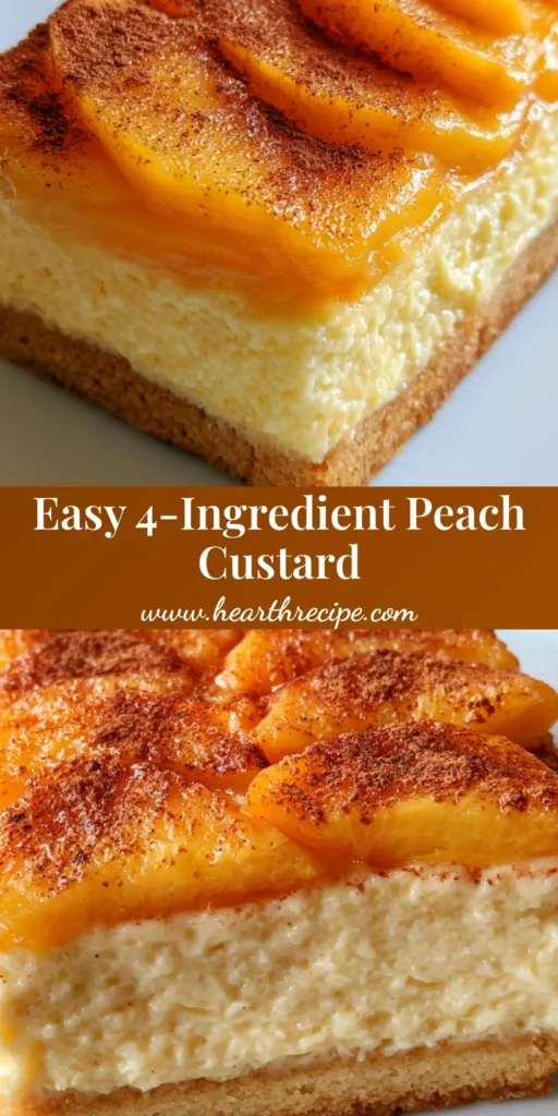 A close-up of a rectangular Peach Custard Dessert bar featuring a golden sugar cookie crust and vibrant orange peach slices.