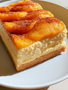 Side view of a Peach Custard Dessert bar showing the thick pale yellow custard layer and golden-brown cookie base.