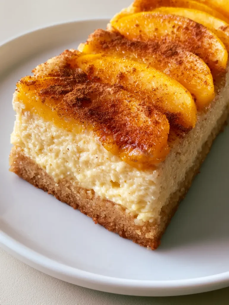 Top-down view of fresh sliced peaches layered on a Peach Custard Dessert with a light dusting of ground cinnamon.