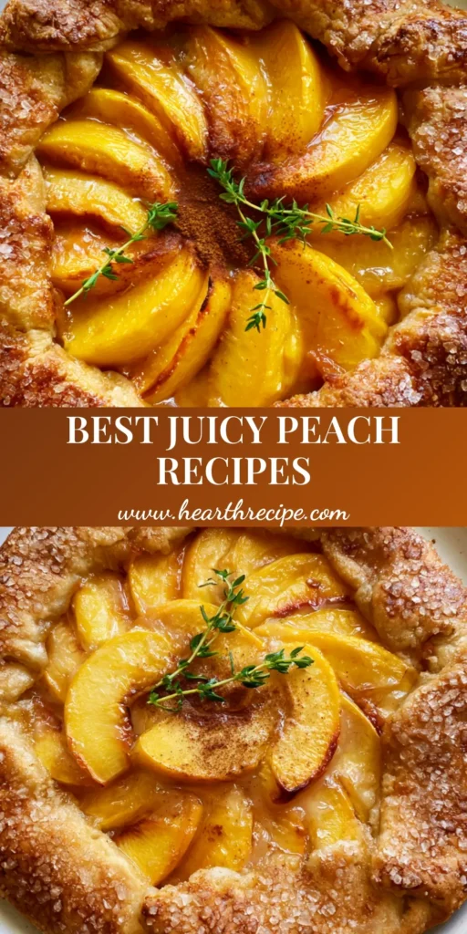 A rustic peach galette featuring hand-folded flaky pastry, skin-on yellow peaches, and coarse turbinado sugar. (Fresh Peach Recipes)