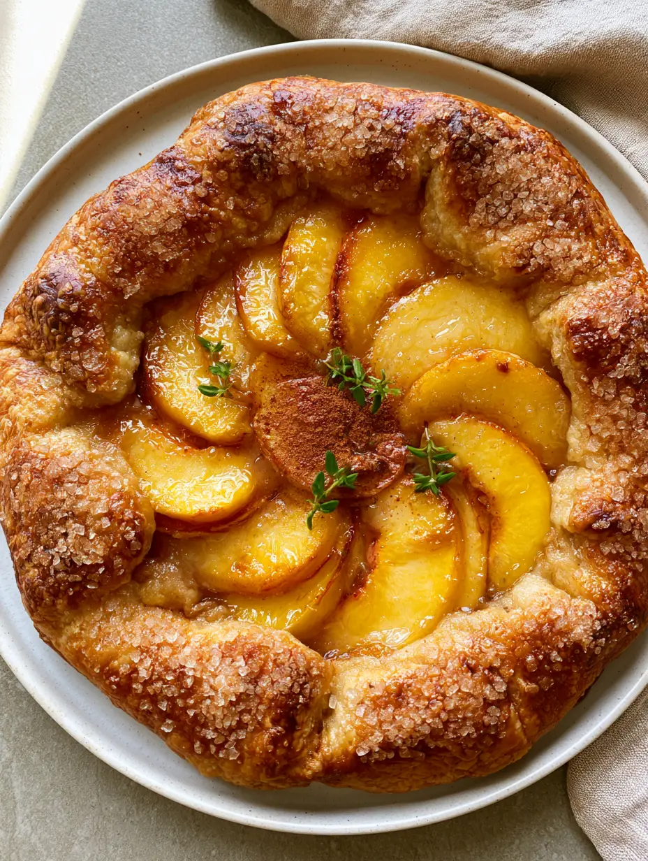 Close-up of overlapping skin-on yellow peaches glistening with fruit glaze on a golden crust. (Fresh Peach Recipes)