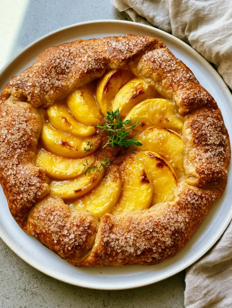 Full view of the peach galette on a matte white plate with fresh thyme and cinnamon dusting.