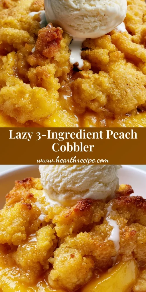 A close-up shot of a single serving of peach dump cake with a golden crust and vanilla bean ice cream. (Peach Dump Cake Recipe)
