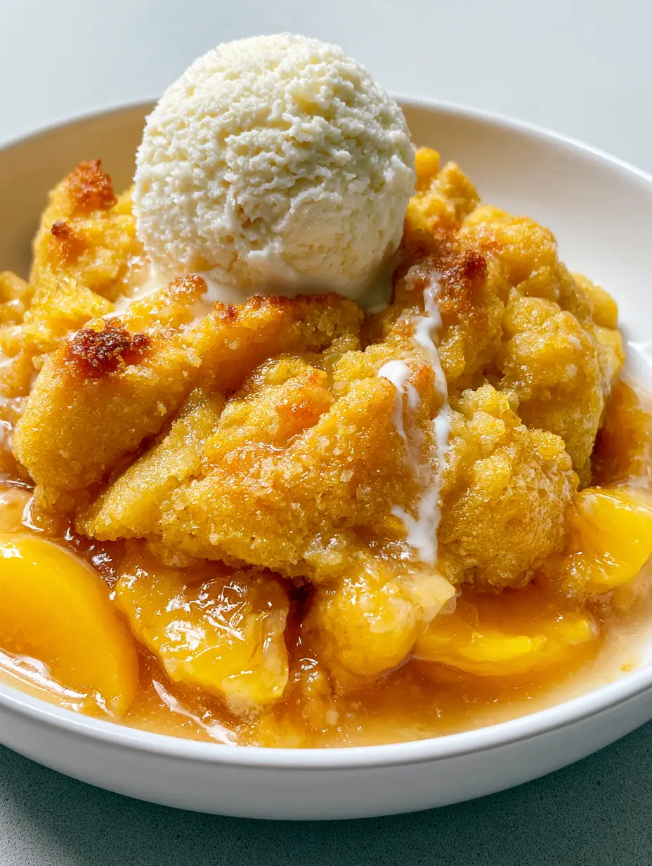 A single serving of Peach Dump Cake in a white bowl with glistening yellow peaches and amber syrup. (Peach Dump Cake Recipe)
