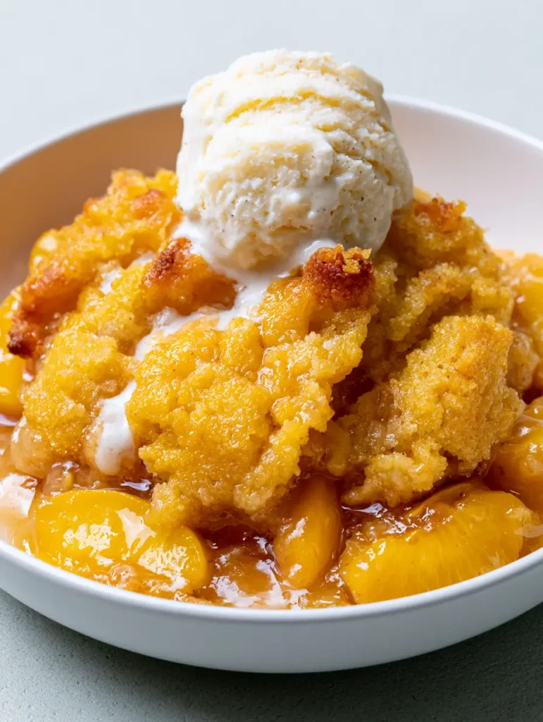 Close up of a golden-yellow baked cake crust with toasted peaks and melting ice cream.