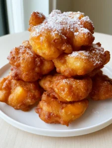 Close-up handheld photo of Canned Peach Fritters with a deep fried craggy texture and powdered sugar dusting on a wooden surface.