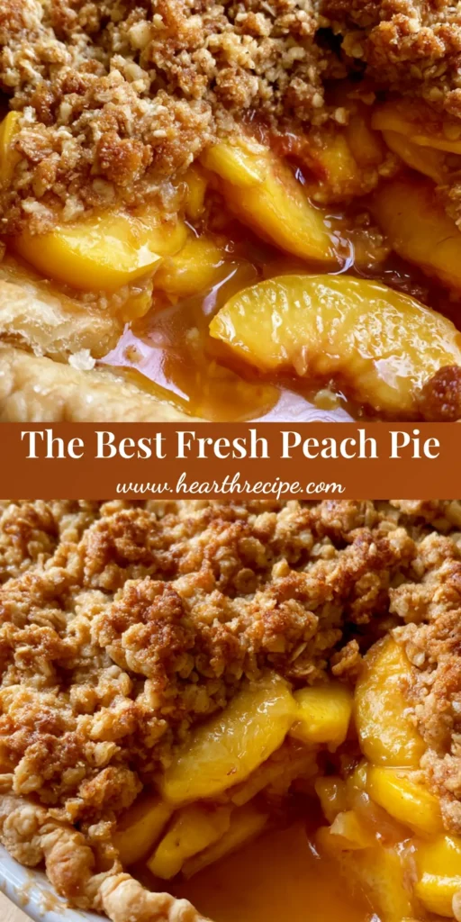 A rustic Peach Pie Recipe featuring a golden-brown oat crumble and flaky crust in a white ceramic dish.