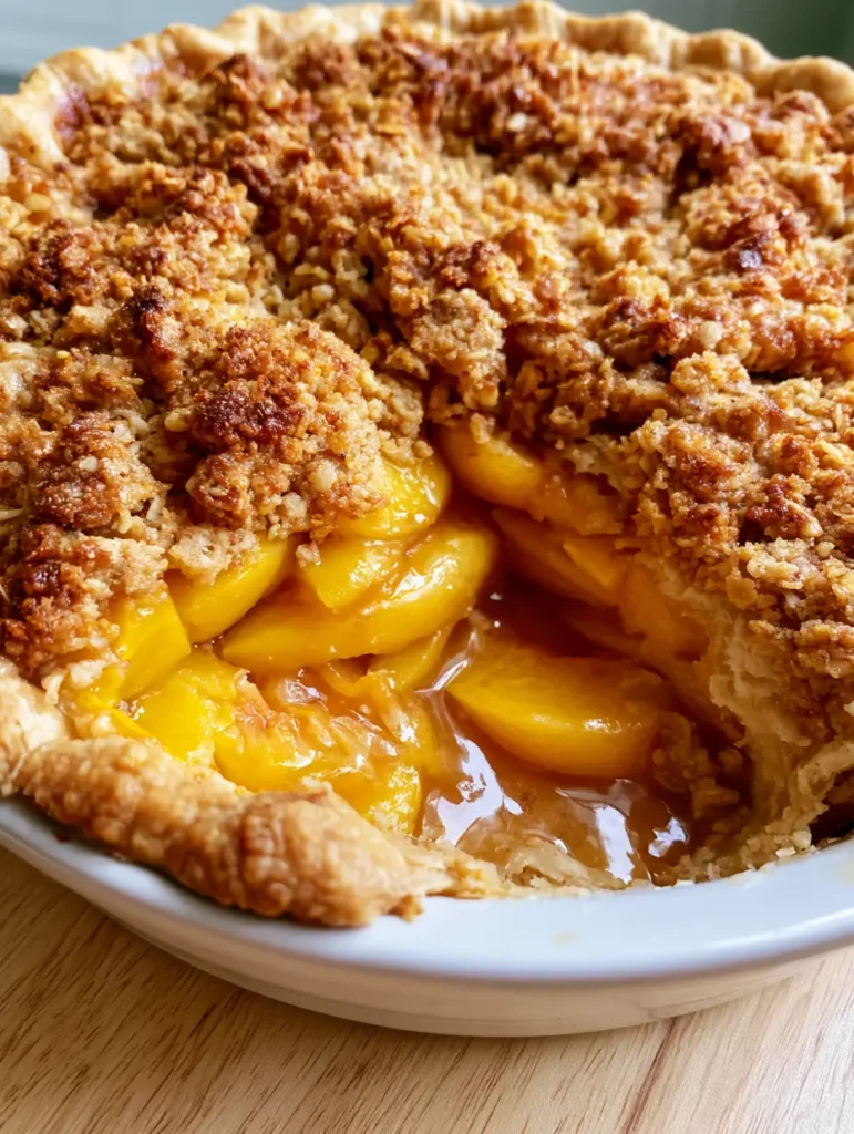 A handheld smartphone photo of a rustic Peach Pie Recipe with a missing slice on a light wood surface.