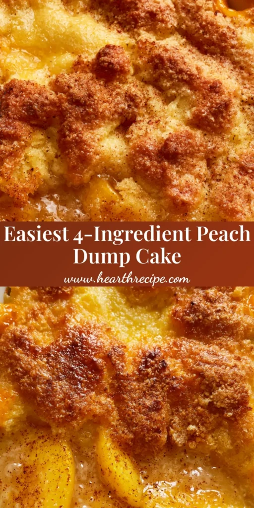 Peach Dump Cake with a Golden Buttery Crust and Warm Cinnamon Peaches 4 A close-up of a Peach Dump Cake in a white dish with bubbling syrup and a golden crispy crust.