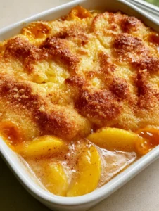 High-angle shot of Peach Dump Cake showing the contrast between moist buttery patches and dry crispy crumbs.