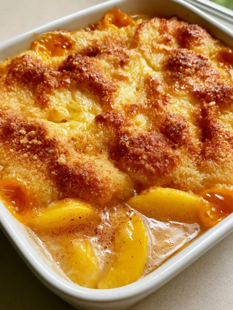 Peach Dump Cake with a Golden Buttery Crust and Warm Cinnamon Peaches 2 High-angle shot of Peach Dump Cake showing the contrast between moist buttery patches and dry crispy crumbs.