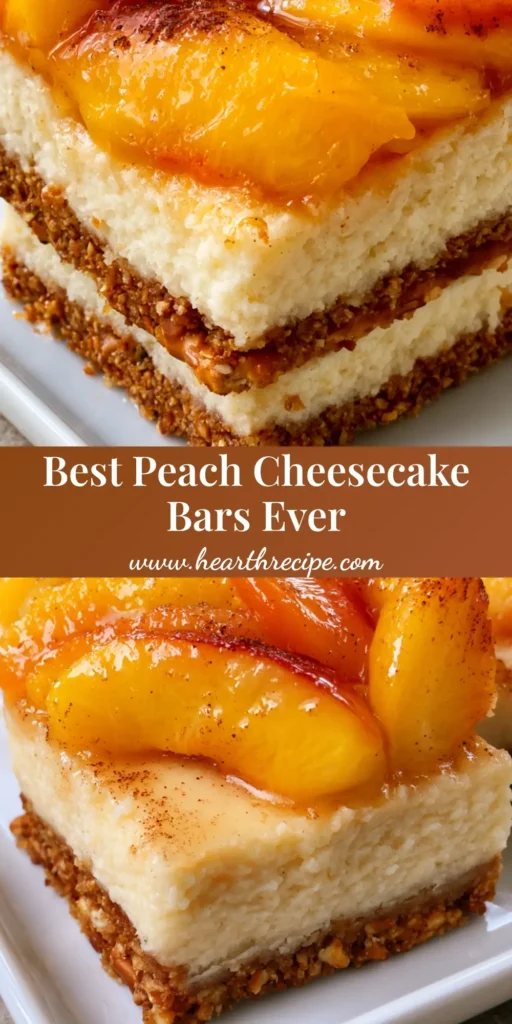A stack of Peaches and Cream Cheesecake Bars on a white plate, showing the pretzel crust, ivory cheesecake, and glazed peaches.