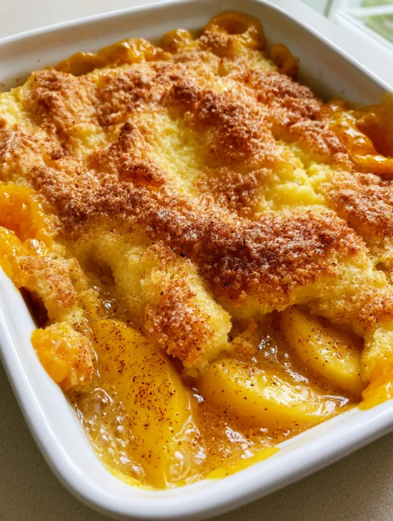 Peach Dump Cake with a Golden Buttery Crust and Warm Cinnamon Peaches 1 Close-up of bubbling orange peach juice at the edges of a golden-brown cake crust.