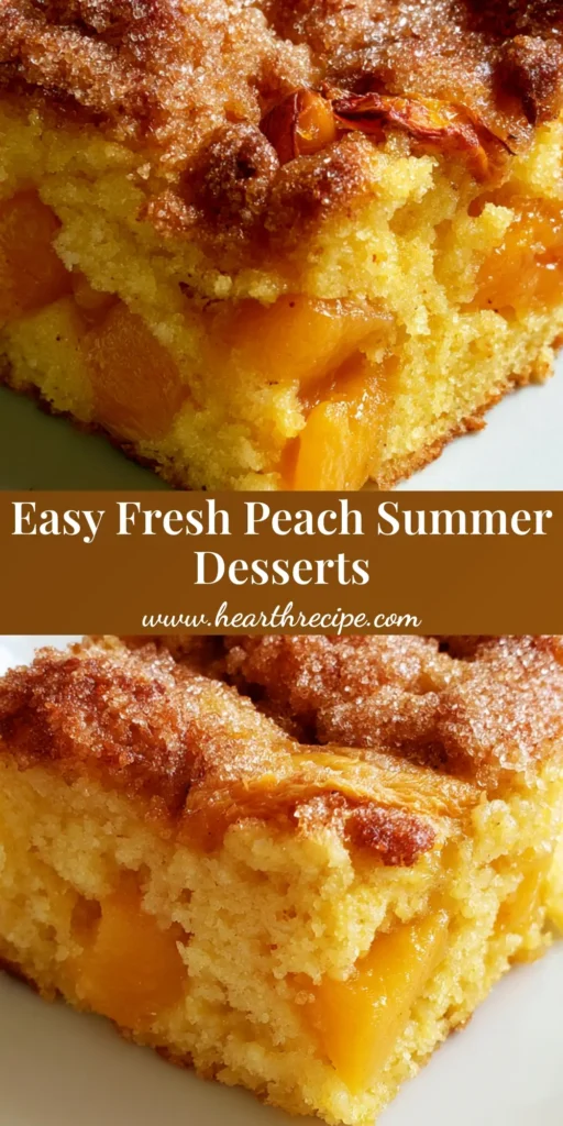 A square serving of peach snack cake with a golden-yellow crumb and sparkling cobbler crust. (Fresh Peach Dessert Recipes)