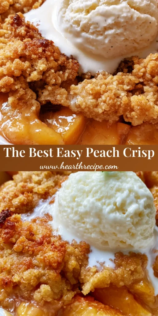 A handheld photo of a single-serving Easy Peach Crisp in a white fluted ramekin with melting vanilla bean ice cream and a mint sprig.