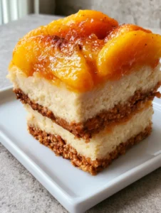 Eye-level close up of rectangular Peaches and Cream Cheesecake Bars with a thick pretzel foundation and vibrant orange peach slices.