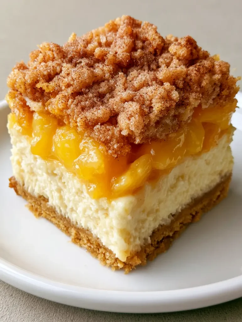 Handheld photo of a peach cobbler cheesecake bar on a white plate, highlighting the rustic golden-tan streusel topping.