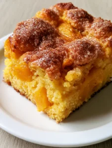 Close-up of a square of peach snack cake on a white ceramic plate showing large orange peach chunks. (Fresh Peach Dessert Recipes)