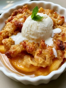 Close-up of golden-brown buttery crumble topping on an Easy Peach Crisp with cream dripping down the sides.